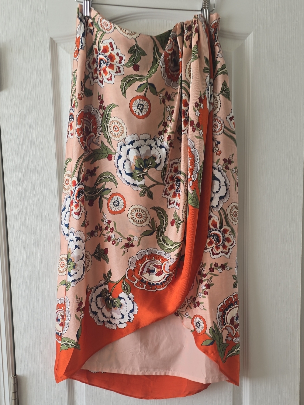 Ann Taylor Factory Peach Floral Midi Skirt with Red & Green Print